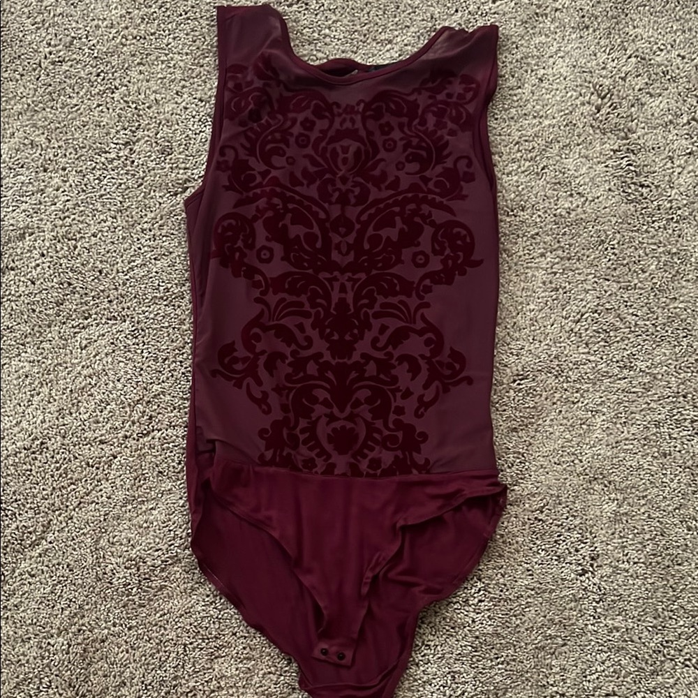 Burgundy Sleeveless Bodysuit with Velvet Pattern